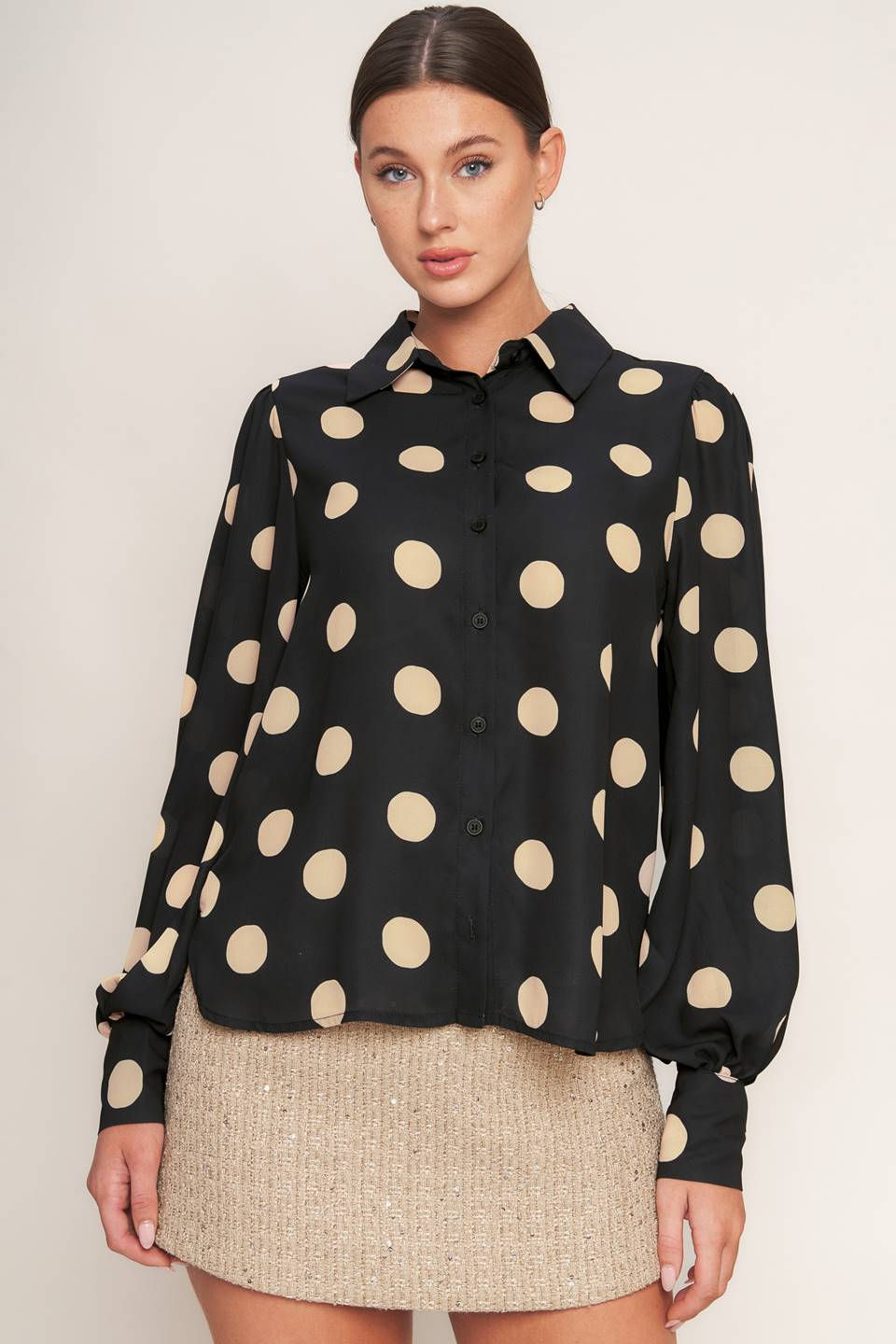 polka dot blouse, black and beige top
