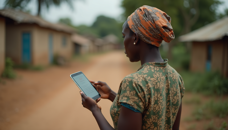 High angle view of a community health worker using a mobile device to record patient information
