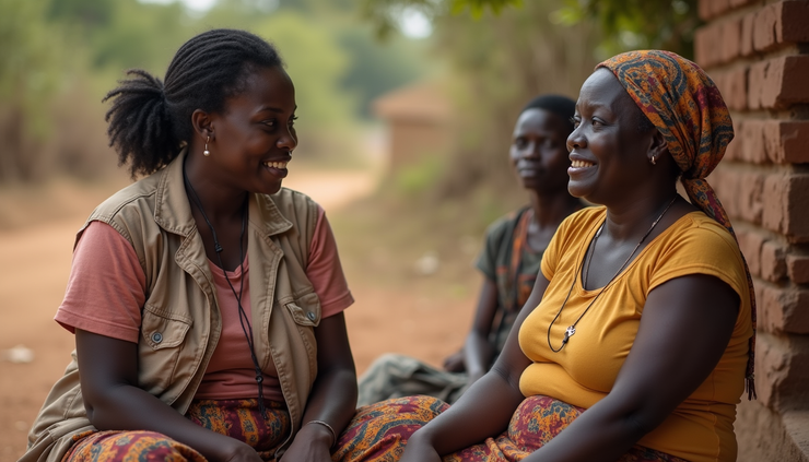 High angle view of a community health worker visiting a mother in a rural village