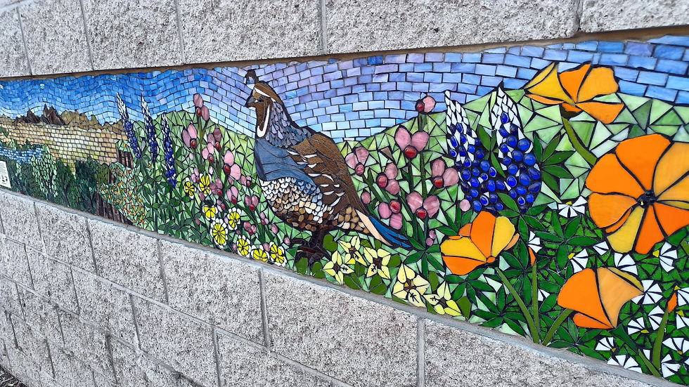 Large-scale Feather River Art Wall mosaic mural on Table Mountain Blvd in Oroville, California.