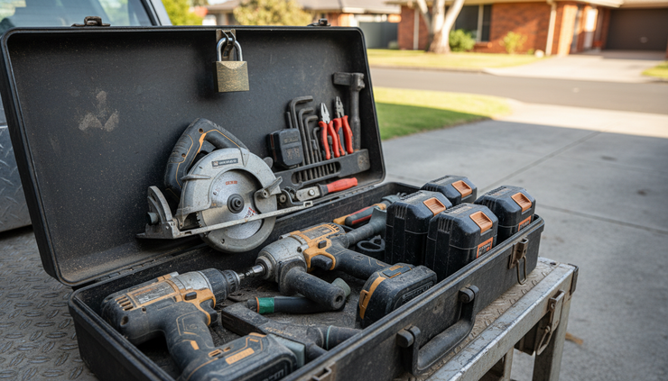Close-up view of power tools arranged inside a locked metal toolbox on the back of a ute.