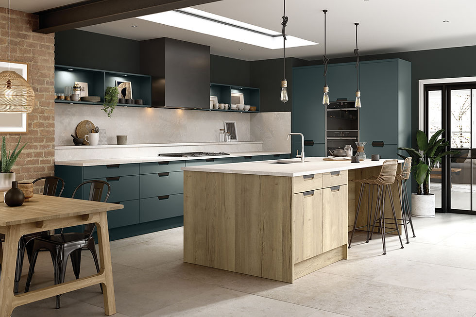 Modern kitchen design and installation Devon with wood island