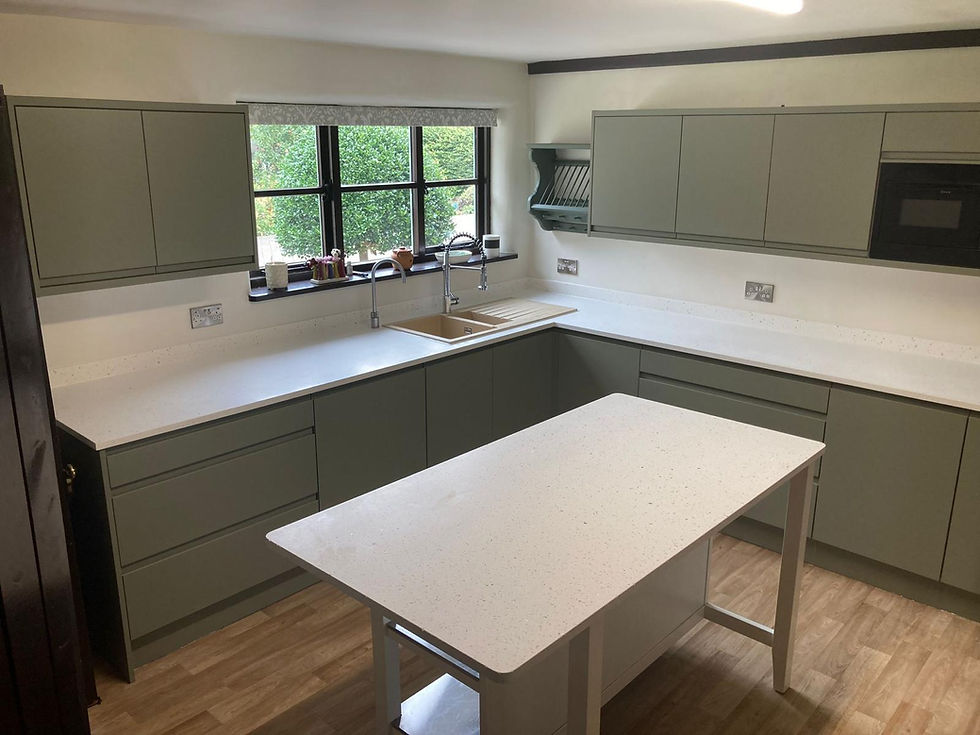 Modern grey kitchens in Ottery St Mary with white island.