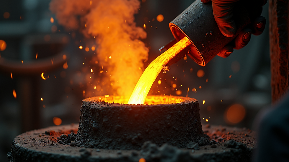 Close-up view of molten metal being poured into a casting mold