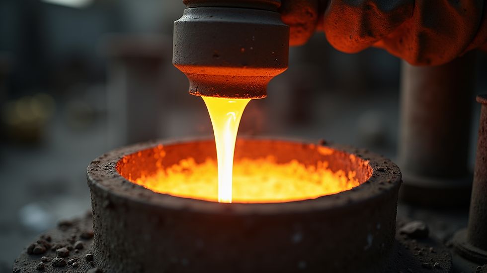 Eye-level view of molten metal being poured into ceramic mold