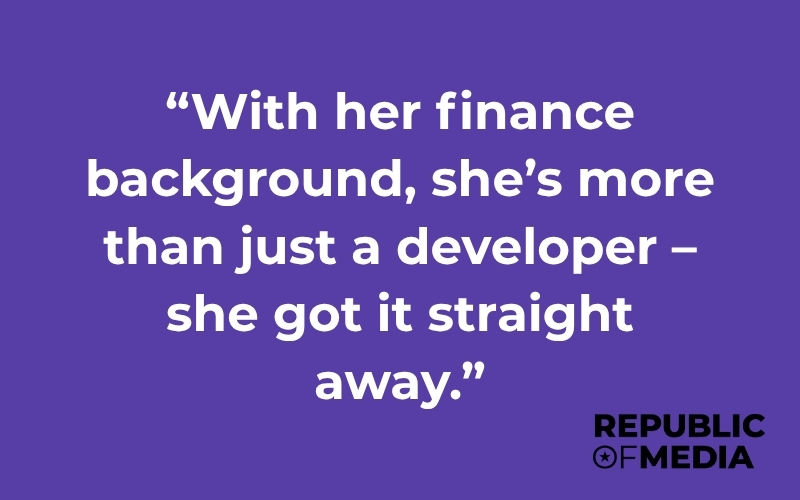 A testimonial saying "With her finance background, she's more than just a developer - she got it straight away"