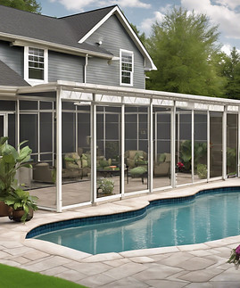 a realistic but modest backyard screen enclosure with a nice pool attached to a house .jpg