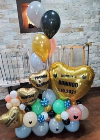 Thumbnail: Medium sized balloon arrangement. Base color: blue, gold, pink, white, and golden heart mylar balloons