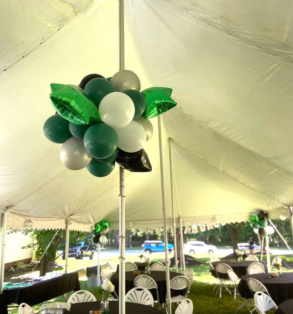 Thumbnail: Balloon cluster. Colors: green, white, silver and mylar balloon stars in black and green