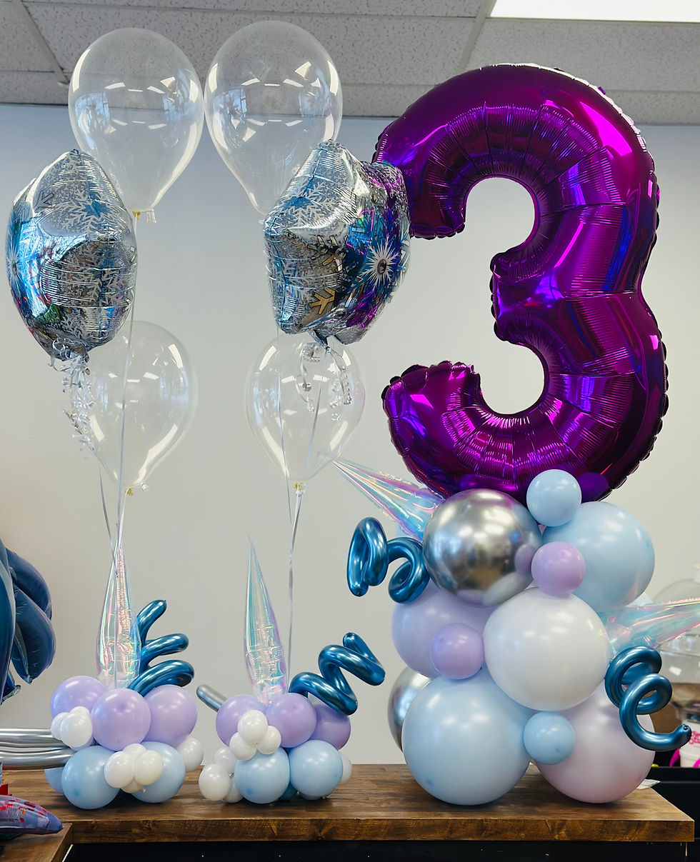 Thumbnail: Small balloon number stack and other decorations. purple, blue, silver, white, clear colors. A balloon number 3 on top