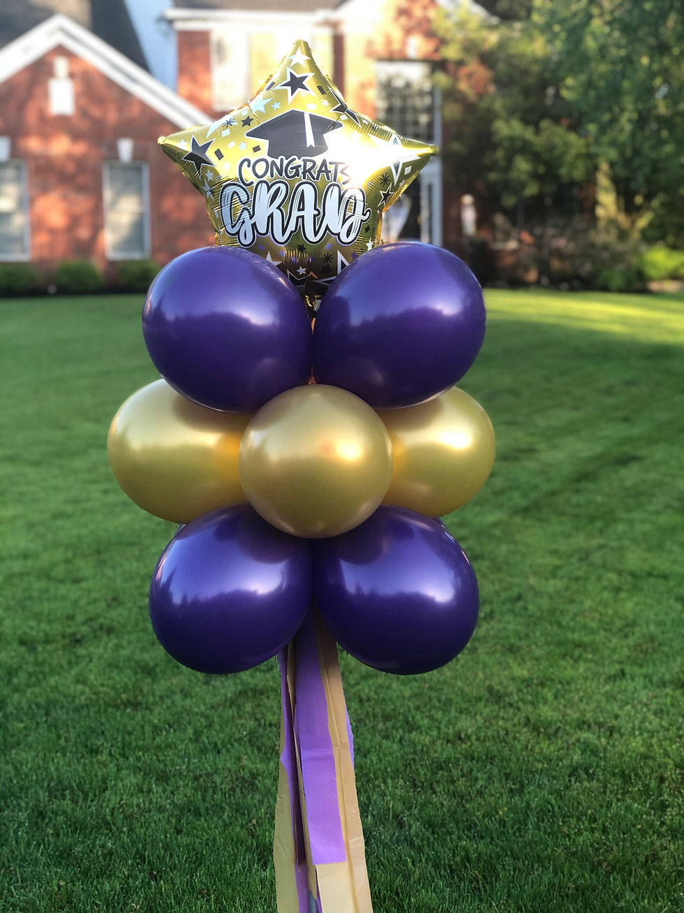 Thumbnail: Balloon topiary stake. Colors: purple, gold and "congrats grad" star on top