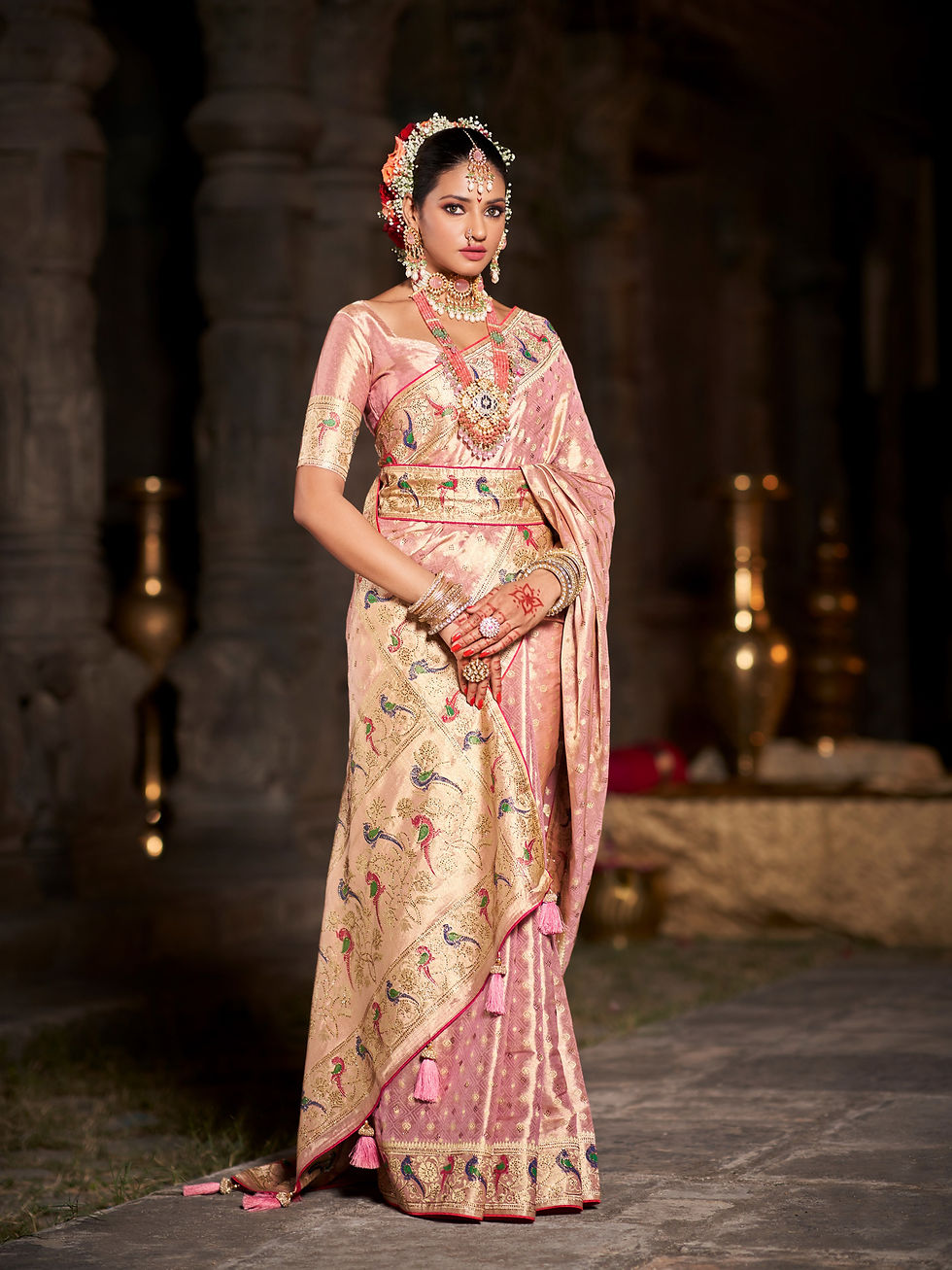 Pink Designer Saree For Women, Bridal Saree, Sarees For Wedding Reception, Banarasi Kashmiri Saree, Silk Sarees, Pethani