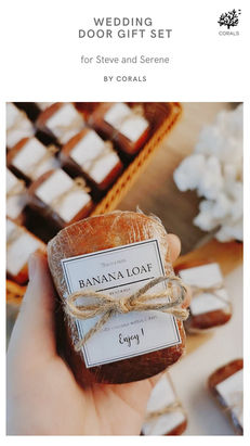CORALS Catering handmade banana loaf wedding door gift with personalised packaging, premium edible wedding favour, and custom gift for weddings and events in Malaysia.