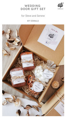 CORALS Catering custom wedding door gift set featuring banana loaf, marshmallows, pretzels, personalised gift box, and premium wedding favours for weddings and events in Malaysia.