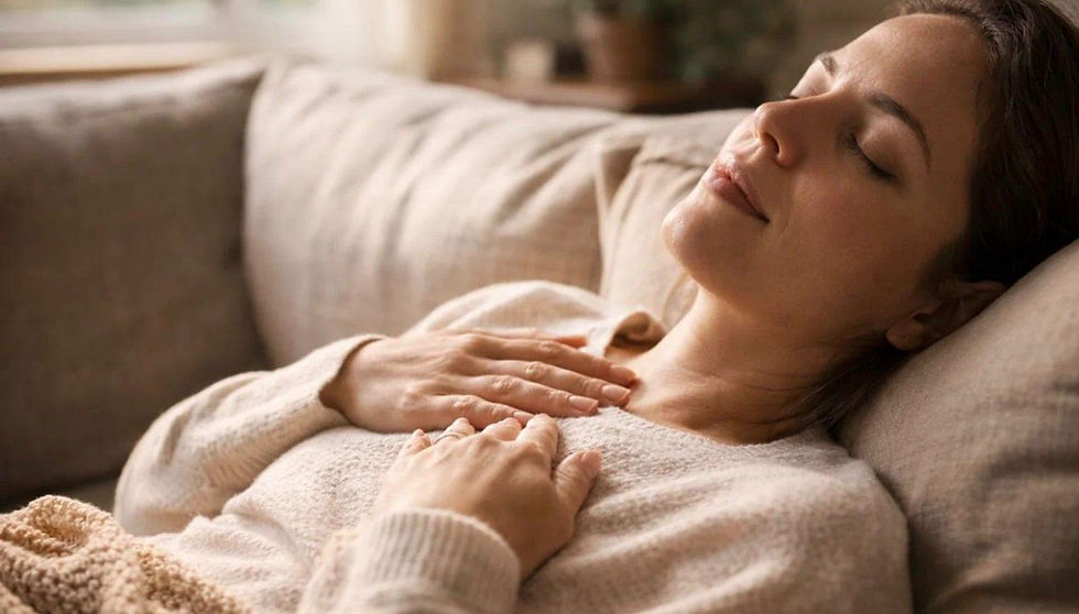 Mãe se escutando emocionalmente m momento de pausa e autocuidado.