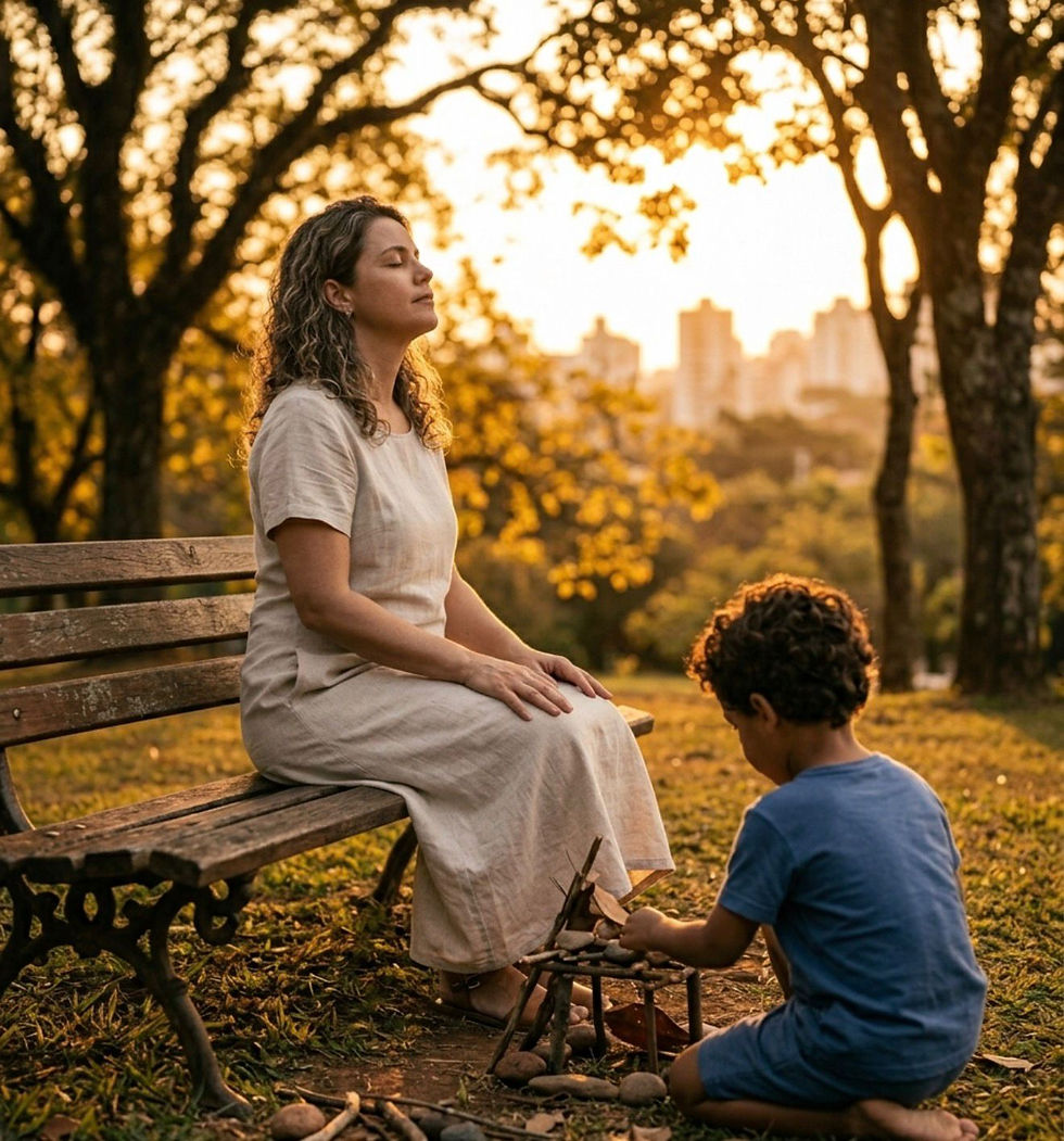 mãe tranquila enquanto filho esta entretido com brincadeira