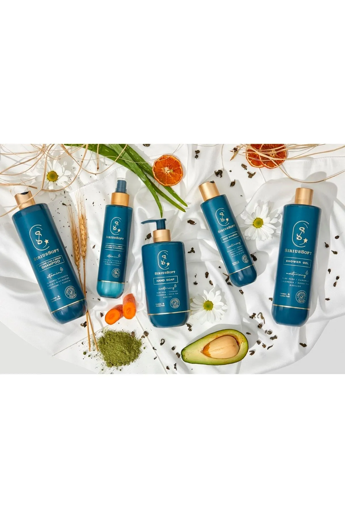 SiriusSoft 5'li Bakım Seti/Şampuan+Sıvı Saç Kremi+Sıvı Sabun+DuşJeli+Yüz Şampuan