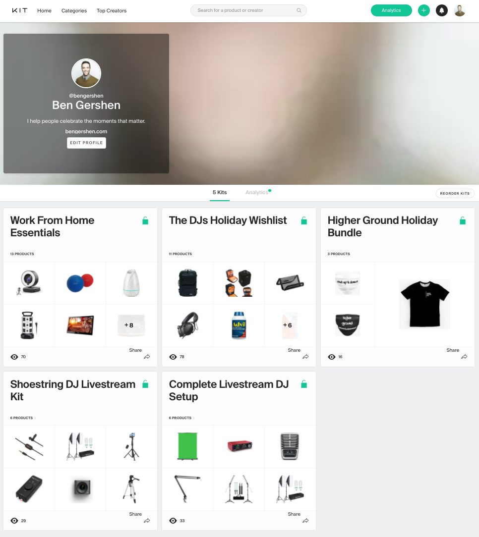 Screenshot of Ben Gershen's KIT.CO Profile