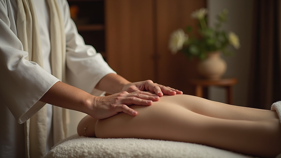 Close-up view of a Reiki master preparing for a session