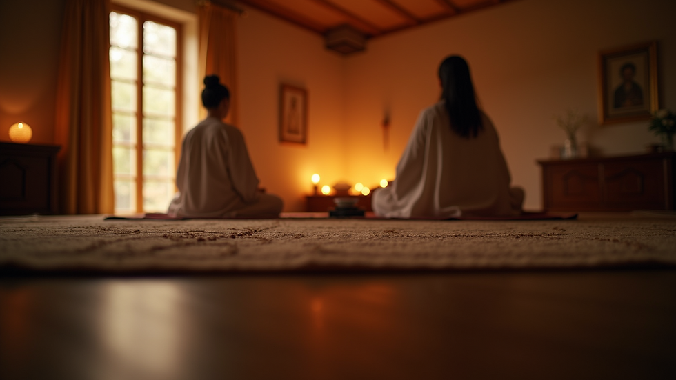 Eye-level view of a dimly lit Reiki training room