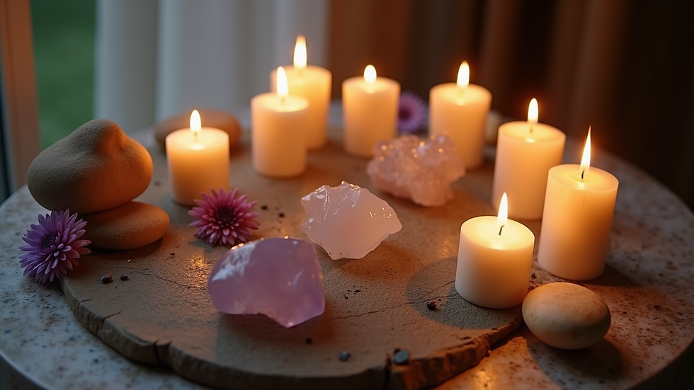 High angle view of a meditation altar with candles and crystals