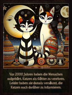 Zwei stilisierte Katzen vor Mond und Sternenhimmel, umgeben von farbenprächtigen orientalisch anmutenden Gefäßen – humorvolle Illustration über Katzen als einstige Götter.
