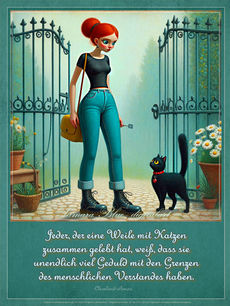 Rothaarige Frau in schwarzem Kleid mit Kürbis und schwarzer Katze vor einem roten Haus und offenem Tor – Illustration über Selbstvertrauen und Zweifel.