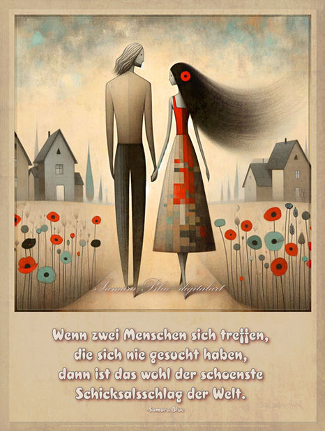 Stilisiertes Paar Hand in Hand auf einem Weg zwischen kleinen Häusern und farbigen Blumen – Illustration über Liebe, Begegnung und Schicksal.