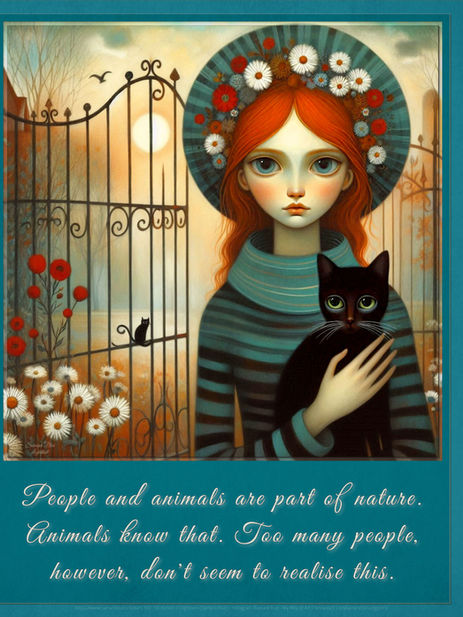 Rothaarige junge Frau mit schwarzer Katze vor einem schmiedeeisernen Tor, umgeben von roten und weißen Blumen – Illustration über Mensch, Tier und Natur.