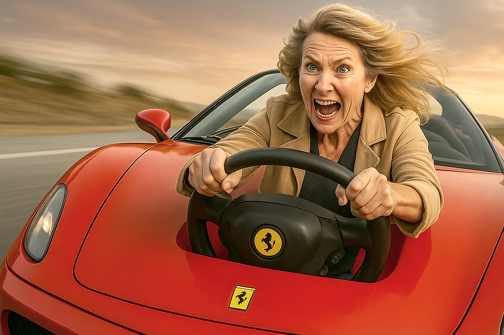 Woman driving a red Ferrari convertible at speed, hair blown back, shouting excitedly on an open road at sunset.