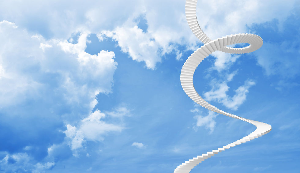 Spiral staircase ascending into a bright blue sky with fluffy white clouds, creating a surreal and dreamy atmosphere.