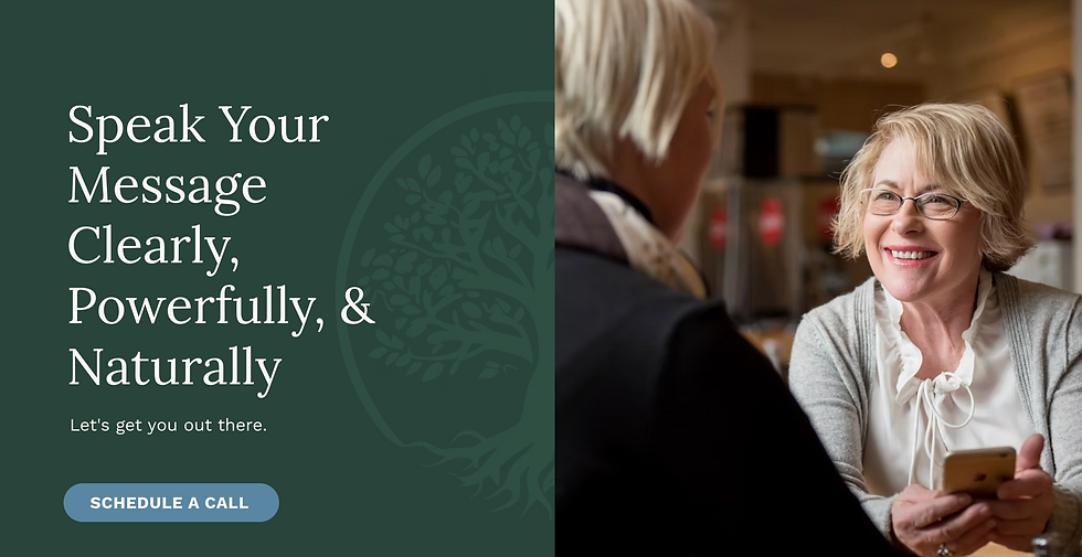 Smiling woman holding phone, engaging in conversation. Text: "Speak Your Message Clearly, Powerfully, & Naturally." Button: "Schedule a Call."