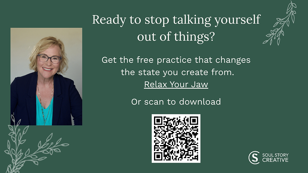 Promotional poster with smiling woman portrait, headline about stopping self-talk, Relax Your Jaw, QR code, on dark green background