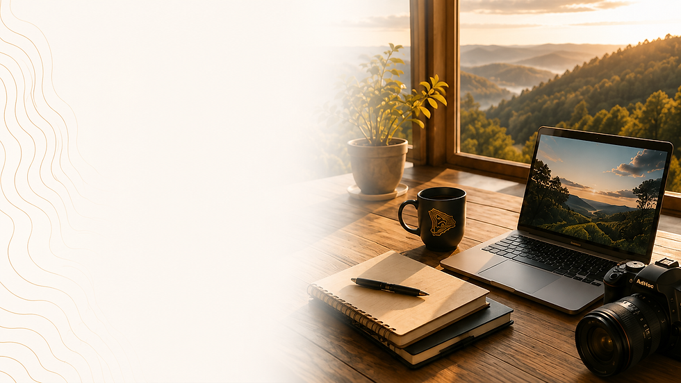 Desk with laptop, camera, notebooks, mountains at sunset