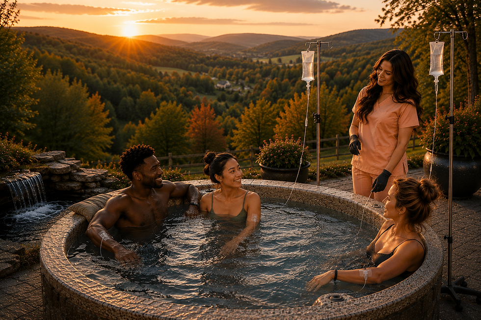 Group relaxing in an outdoor, stone hot tub surrounded by trees.
