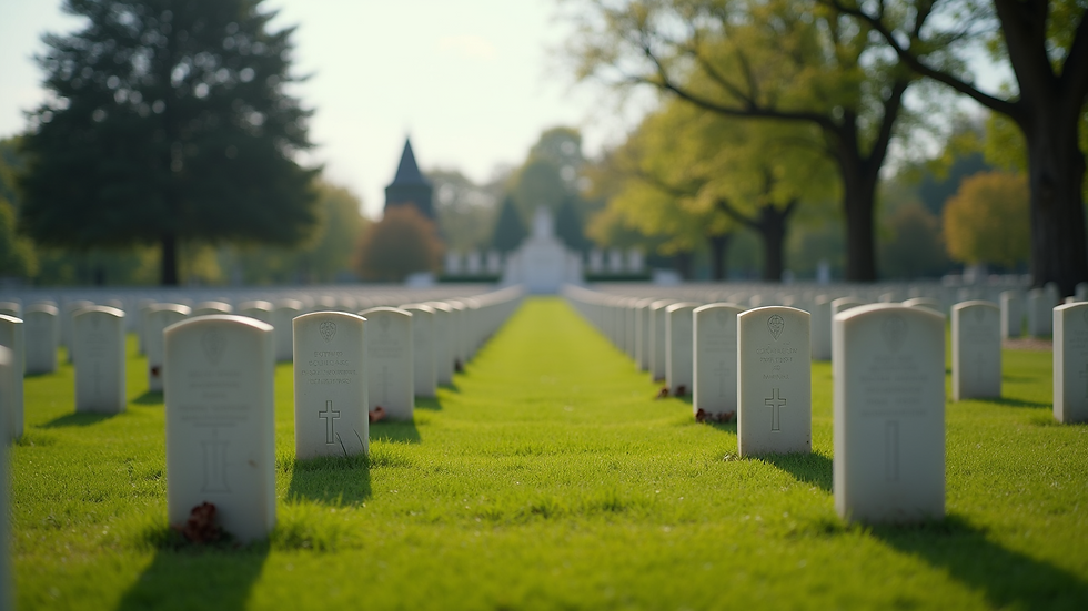 Wide-angle view of a military cemetery with rows of gravestones