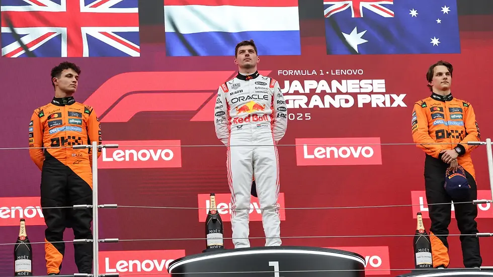 Lando Norris (left), Max Verstappen (Middle), Oscar Piastri (Right) on top of the poidum at the Japanese Grand Prix (Photo by: Motorsport Week)