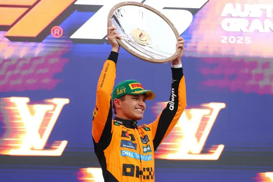 Australian Grand Prix winner Lando Norris for McLaren on top of the podium in Melbourne, Australia. (Photo by Clive Rose/Getty Images)