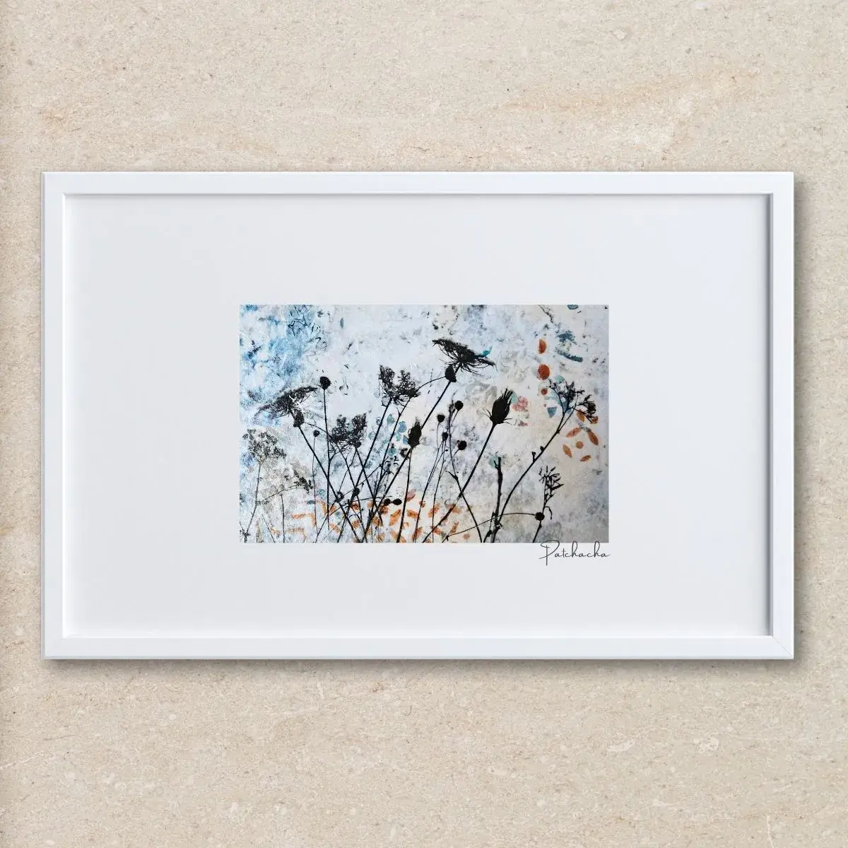 Tableau fleurs poétique Souffle clair, représentant des fleurs des champs sur un fond bleuté