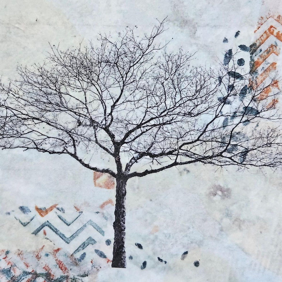 Gros plan de l'arbre, trons et branche en noir sur un fond doux, clair, palette bleutée avec des touches d'orange