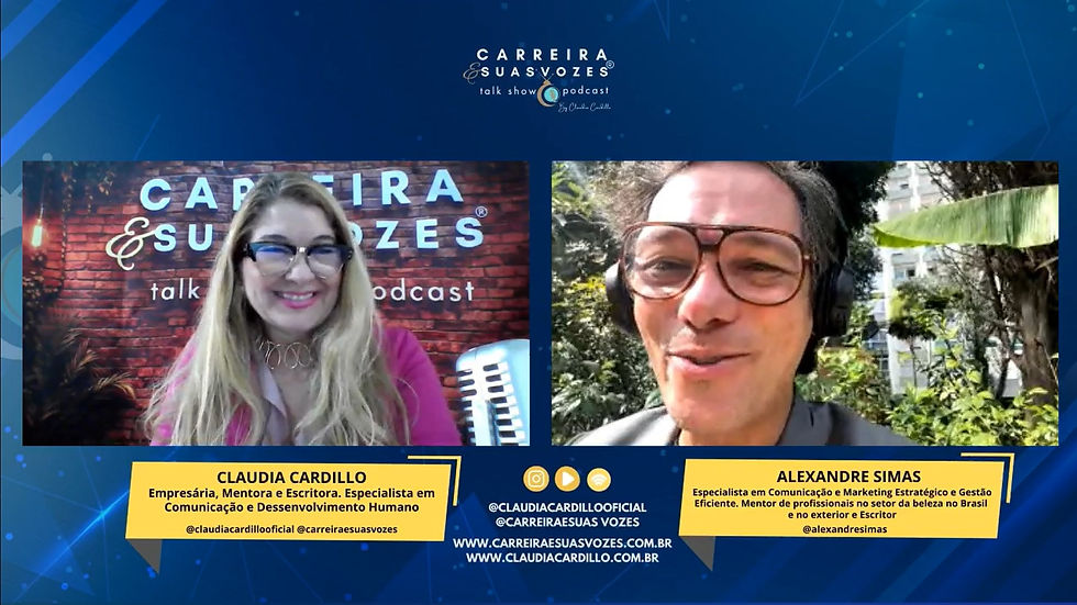 Claudia Cardillo e Alexandre Simas no podcast Carreira e Suas Vozes - Foto: Divulgação