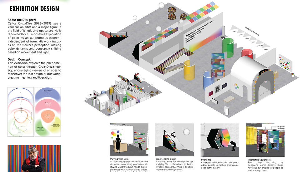 Exhibition design featuring colorful installations, interactive sculptures, and an area exploring color dynamics. Includes text and diagrams.