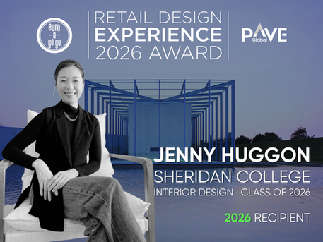 A graphic announcing the 2026 euro a go go Retail Design Experience Award recipient. On the left, a black-and-white photo of Jenny Huggon seated and smiling. On the right, text reads “Retail Design Experience 2026 Award” with the euro a go go and PAVE Global logos above her name. Below, it states “Jenny Huggon, Sheridan College, Interior Design · Class of 2026” and “2026 Recipient.” The background features a modern architectural installation framed by a blue and purple evening sky.