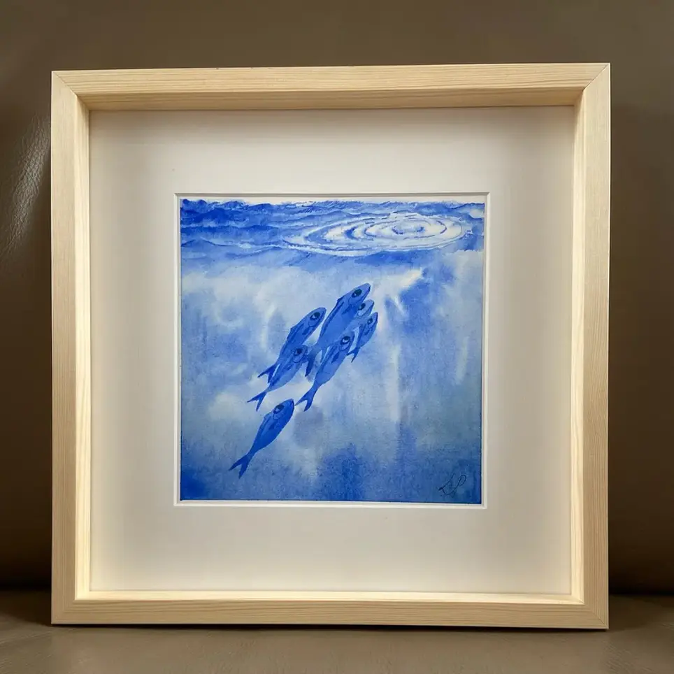 tableau poisson bleus cadre bois