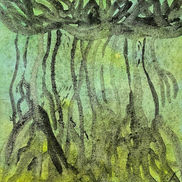 Aquarelle entre abstraction et représentation réaliste de racines granuleuses noires sur un fondu de jaune et vert. des silhouettes de poissons noires se découpent sur cet ensemble lumineux