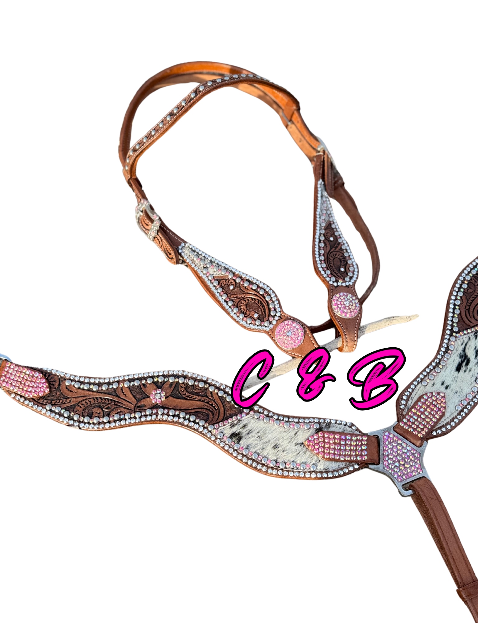 Pink Crystal Cowhide Classic Browband Headstall and Breastcollar Set