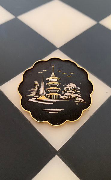 Pagoda Shakudo Damascene Brooch
