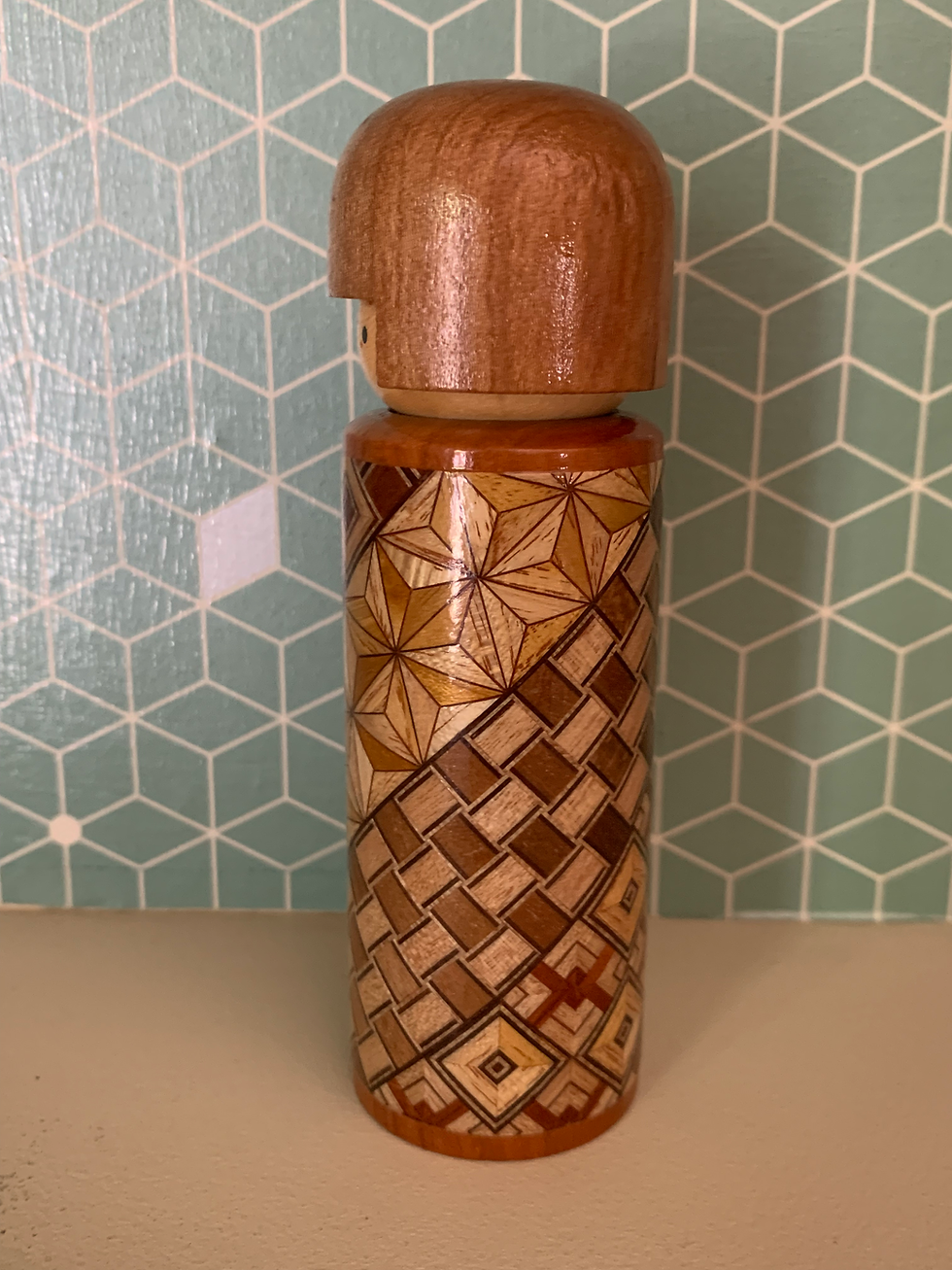 Thumbnail: Hakone Yosegi-Zaiku Kokeshi Toothpick Holder | Sosaku Kokeshi Doll