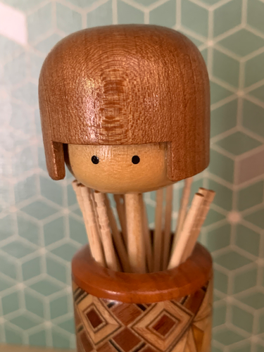 Hakone Yosegi-Zaiku Kokeshi Toothpick Holder | Sosaku Kokeshi Doll