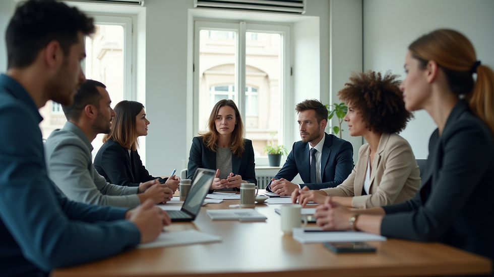 Eye-level view of a diverse group of employees engaged in a team meeting